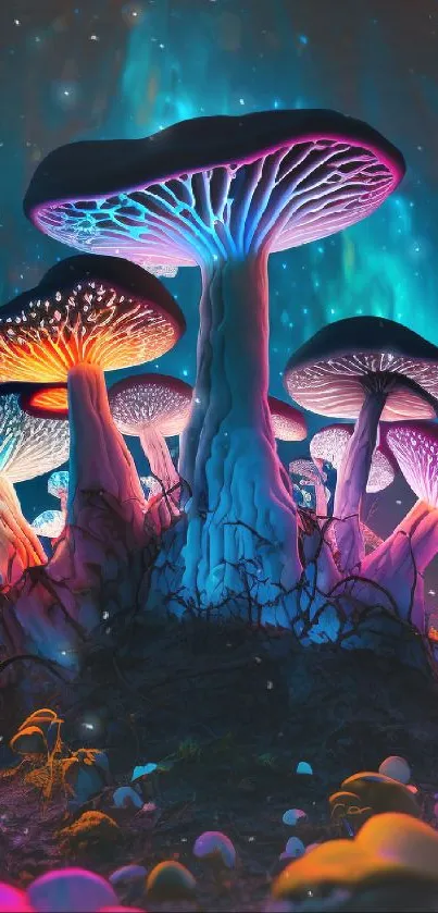 Enchanting neon mushrooms in a dark forest with vibrant colors.