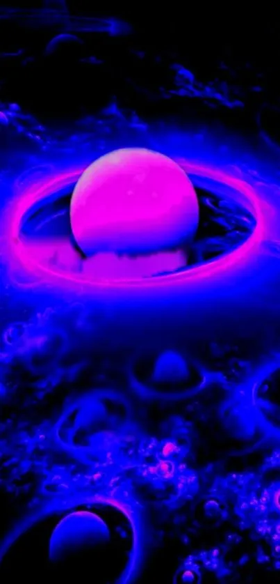 Mystical neon blue and magenta orb in a cosmic setting wallpaper.