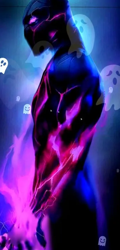 Neon-themed panther with ghostly figures on a vibrant violet background.