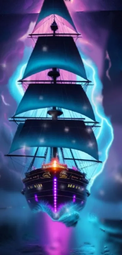 A mystical pirate ship glows in neon hues on the ocean waves.