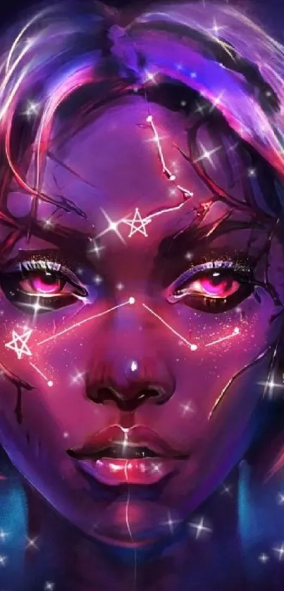 Mystical neon portrait with cosmic accents and vibrant purple hues.