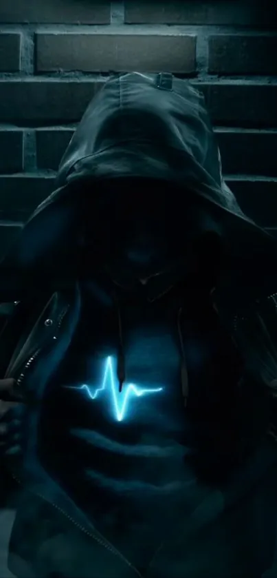 Hooded figure with neon heart pulse on dark background.