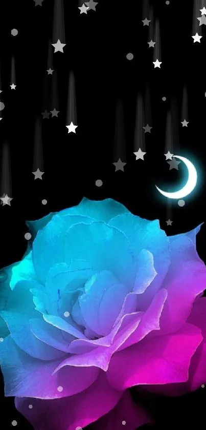 Mystical neon rose with crescent moon on a starry black background.