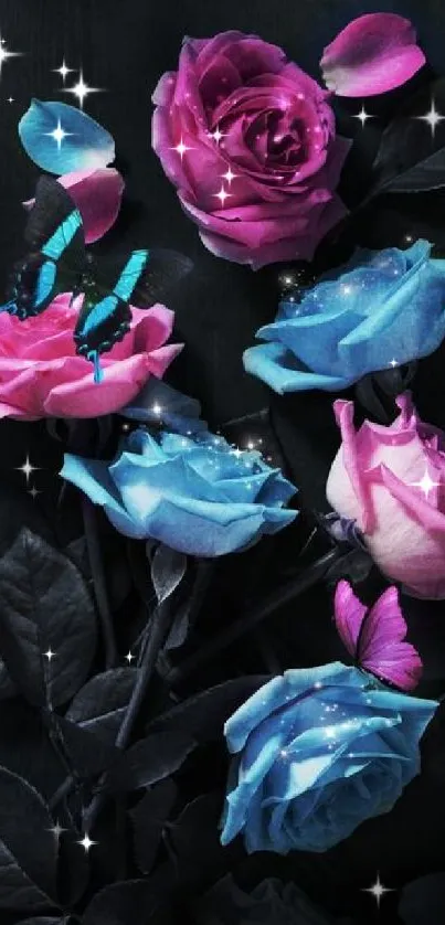 Neon blue and pink roses with butterflies on a dark background.