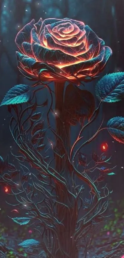 Mystical neon rose in a dark forest setting.