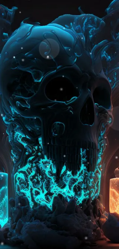 Mystical neon skull art with blue and orange glow on mobile wallpaper.