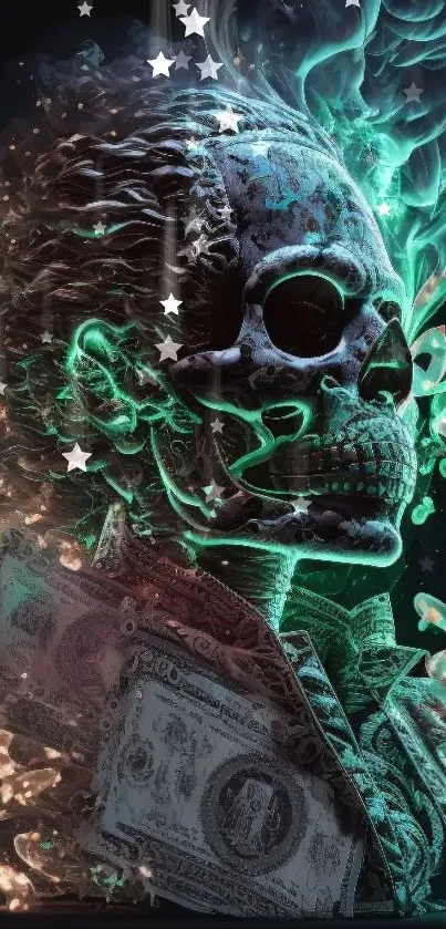 Glowing neon skull with smoke and dollar bill accents.