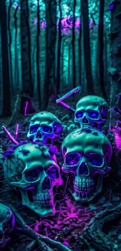 Neon skulls set against a dark and mystical forest backdrop.