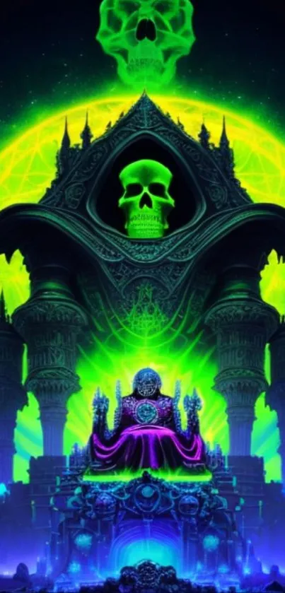 Neon skull and castle in vibrant mystical scenery.