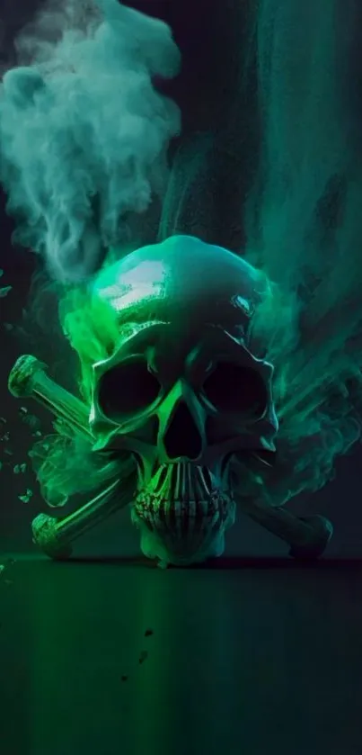 Green neon skull with abstract smoke background.