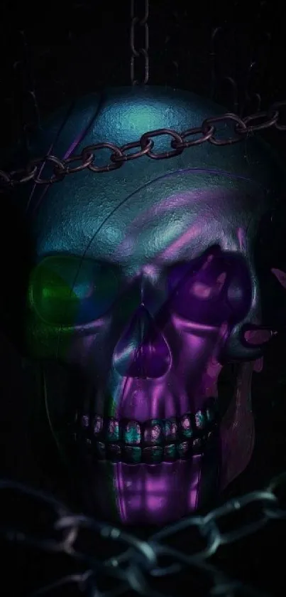 Mystical neon skull with chains wallpaper in dark shades.