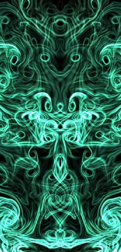 Abstract neon smoke design with turquoise swirls on a dark background.