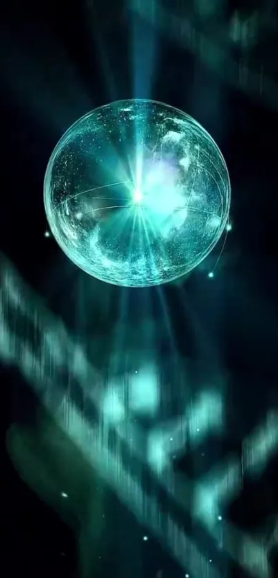 Mystical teal illuminated sphere on dark backdrop.