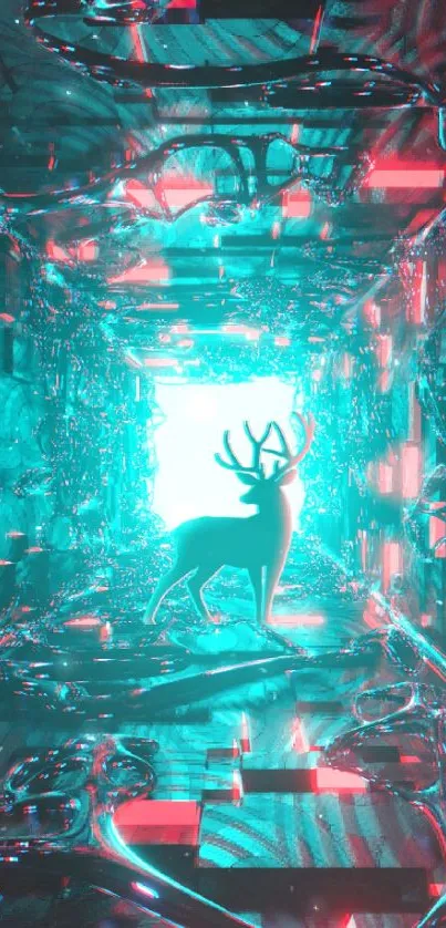 Mystical silhouette of a stag in neon teal and red colors.