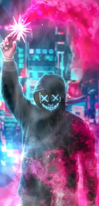 Mysterious figure with pink smoke in neon-lit city.