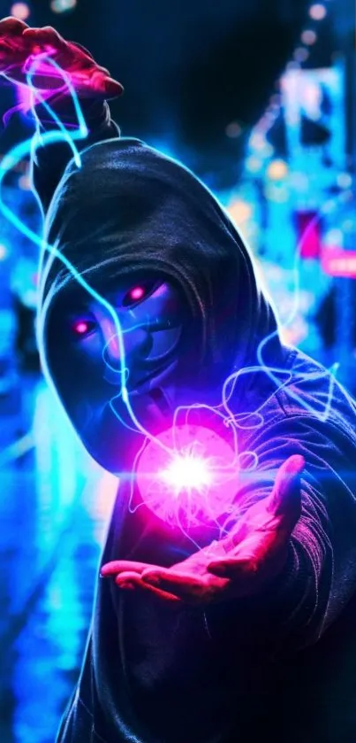 Hooded figure with neon lighting in a cyberpunk street.