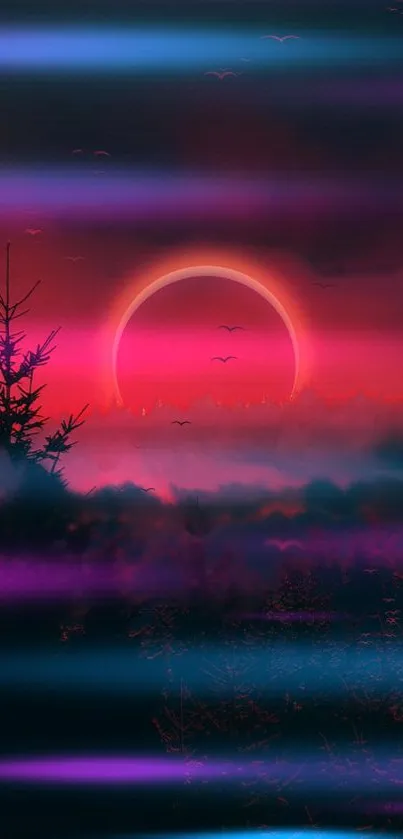 Mystical neon sunset with vibrant pink sky and deep blue shades.