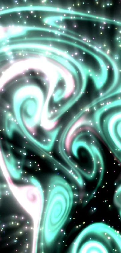 Neon swirl wallpaper with cosmic sparkles.