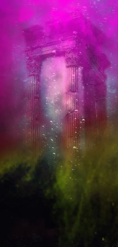 Mystical neon temple submerged in colorful clouds.