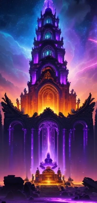 Mystical neon temple with vibrant purple glow in fantasy landscape wallpaper.