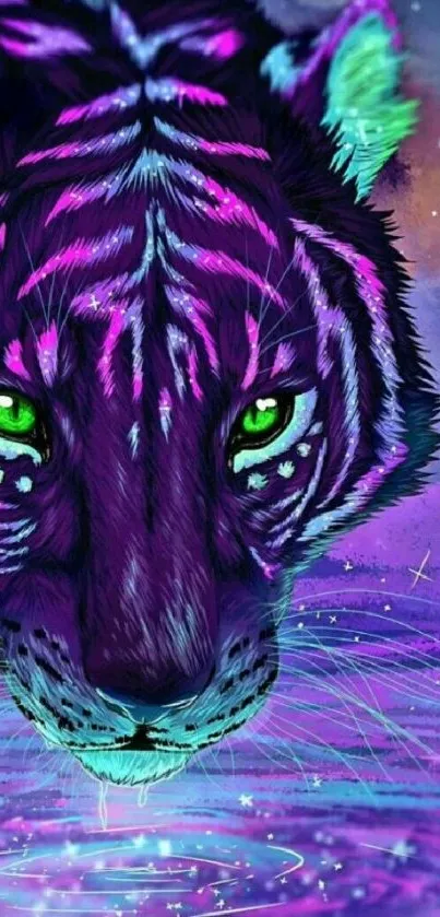 Mystical neon tiger art with vivid green eyes and a purple backdrop.