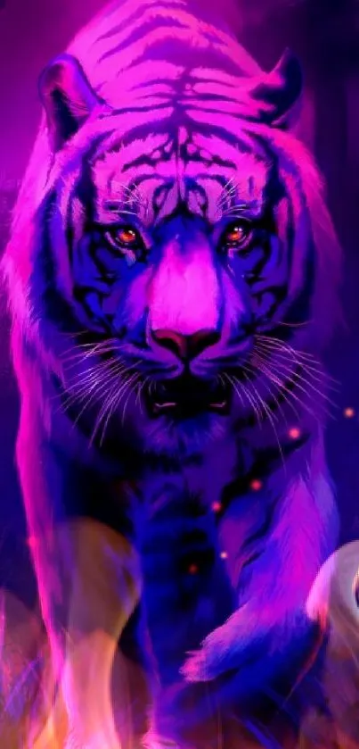 Neon glowing tiger in a mystical forest at night.