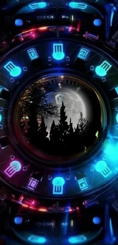 Mystical neon clock with forest silhouette and full moon.