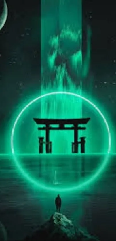 Mystical neon Torii gate with celestial glow.