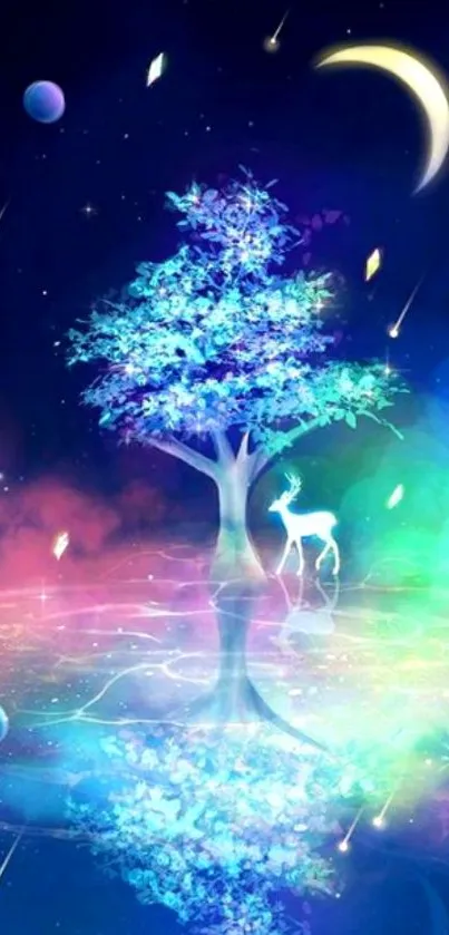 Mystical neon tree with cosmic background.