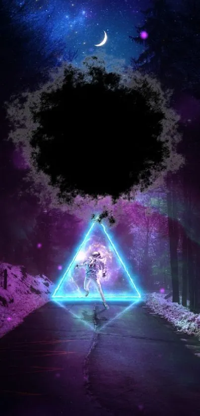 Mystical neon triangle in cosmic night sky wallpaper.