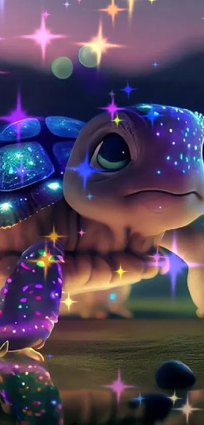 Neon blue and purple turtle in a mystical nighttime scene.