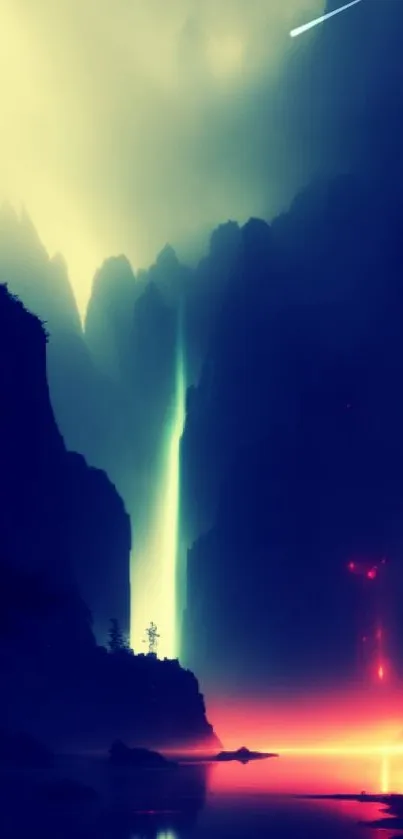 Mystical landscape with neon glow and reflective water, perfect for mobile wallpaper.