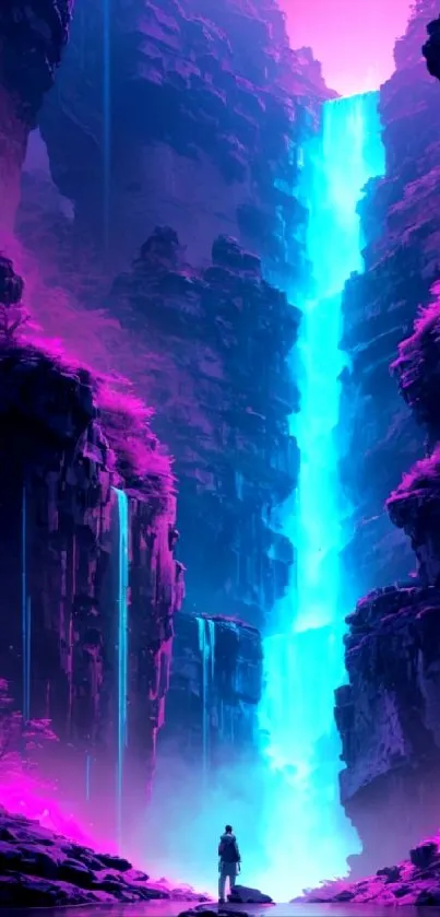 Mystical neon waterfall in a vibrant canyon scene, perfect for fantasy lovers.