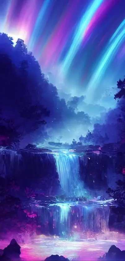 Mystical neon waterfall with blue and purple hues.