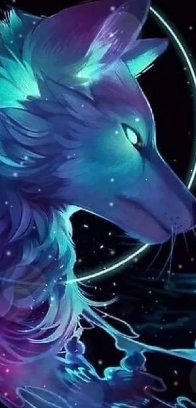 Mystical neon wolf in cosmic environment.