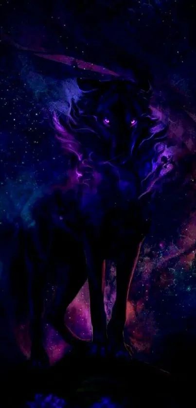 Mystical neon wolf with cosmic backdrop in dark blue hues.