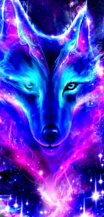 Mystical neon wolf in a cosmic scene with blue and purple hues.