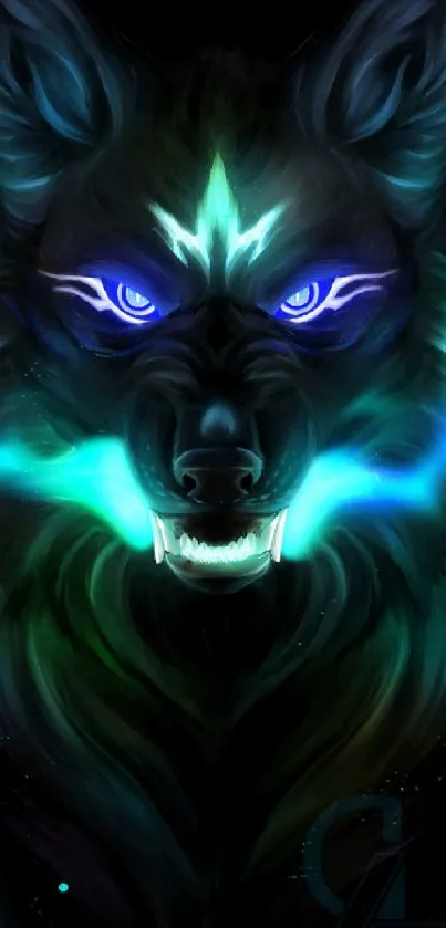 Neon glowing wolf face on black background wallpaper.