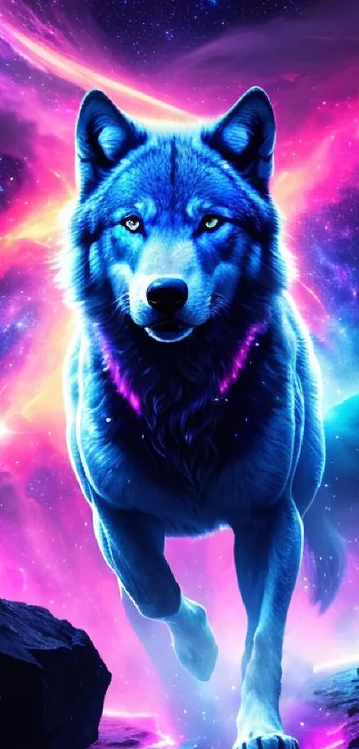 Mystical neon wolf in blue hues with a cosmic galaxy background.