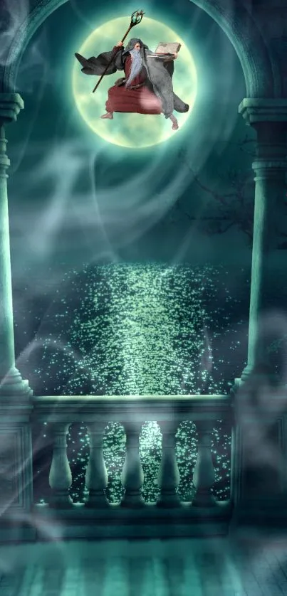 Mystical Neptune art over moonlit balcony with teal haze.