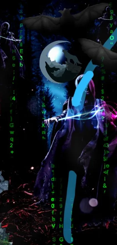 Mystical night scene with hooded figure, bats, and glowing lights in a forest.