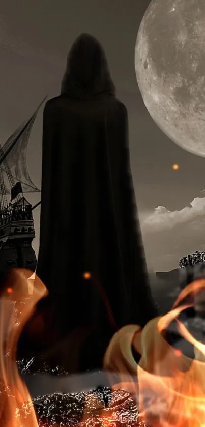 Hooded figure with ship under a full moon and flames in a mysterious night scene.