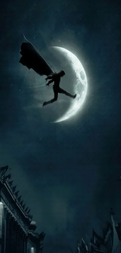 Silhouette leaps by moon in night sky.