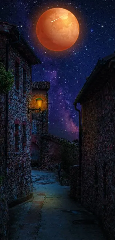 Mystical night alley with moon and stars in vibrant wallpaper.