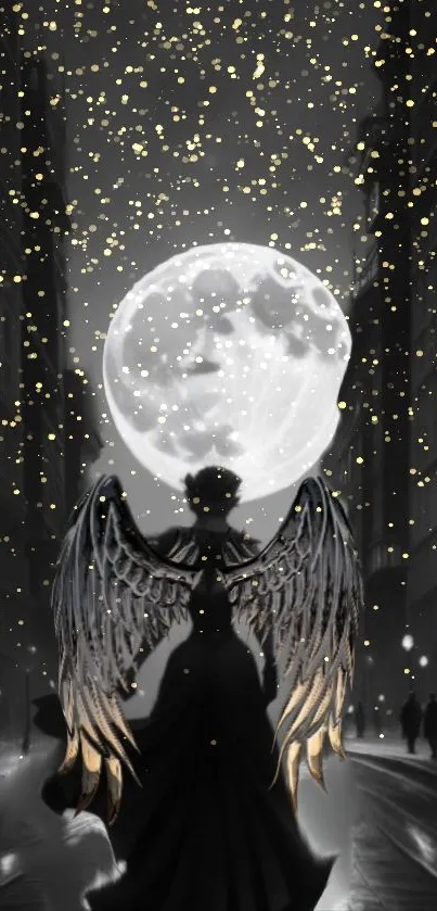 Ethereal angel with wings under a full moon, illuminated by golden sparkles.