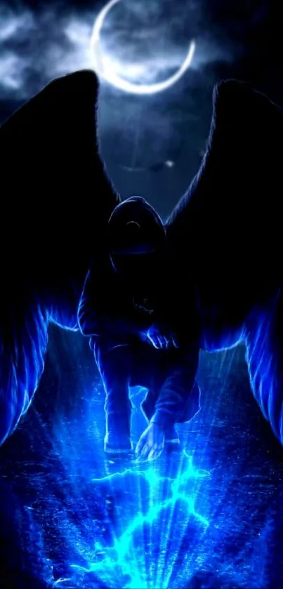 Dark angel with blue aura under crescent moon in night sky wallpaper.