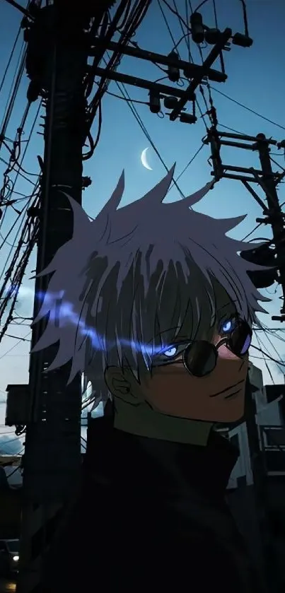 Anime character with glasses in a city night scene under a crescent moon.