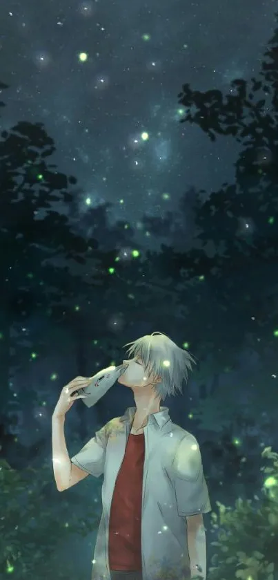 Anime character in a mystical forest with glowing fireflies at night.