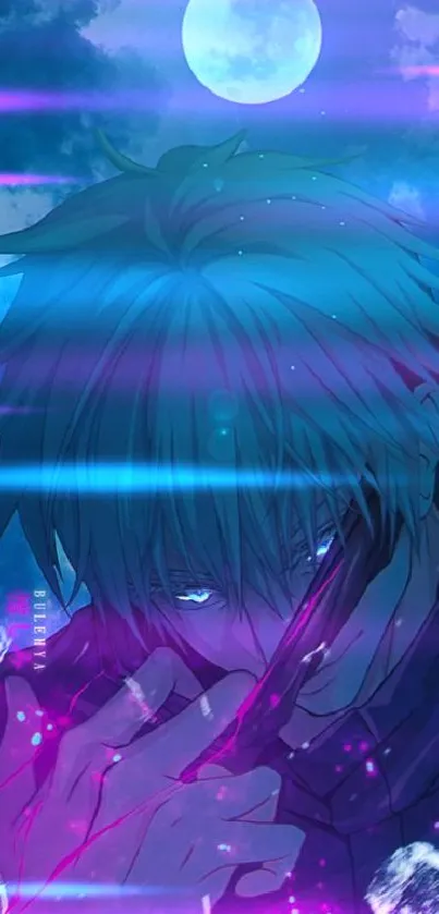 Anime character under blue moon with mystical purple glow.