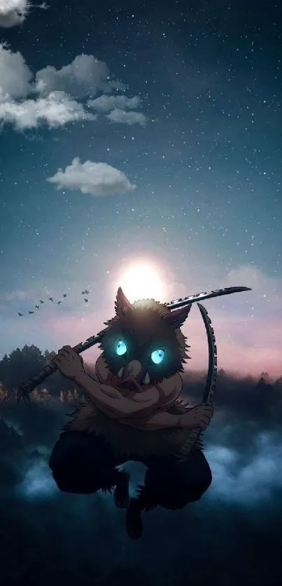 Anime character with glowing eyes under a starry night sky.